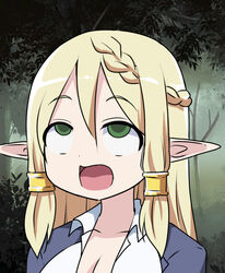  ahe_gao blonde_hair braid commentary_request female forest green_eyes hair_between_eyes hair_tubes nature open_mouth original pointy_ears rolling_eyes sidelocks solo super_masara super_masara_ahegao tree upper_body 