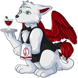  1:1 alpha_channel avoid_posting beverage bottomless bow_(feature) bow_tie canid canine clothed clothing fox klotzzilla low_res male mammal mouthless semi-anthro serving_tray solo topwear towel vest wings 