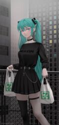  7-eleven absurdres aqua_hair asymmetrical_legwear bag belt black_choker black_legwear black_nails black_shirt black_skirt blue_eyes choker cityscape closed_mouth cross darr1o ear_piercing english_commentary feet_out_of_frame female fishnet_thighhighs fishnets goth_fashion hatsune_miku hatsune_miku_expo high-waist_skirt highres long_sleeves miniskirt mismatched_legwear outdoors piercing plastic_bag shirt shopping_bag skirt solo thighhighs twintails vocaloid 