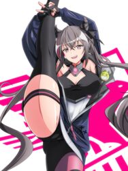  :d armpits azur_lane badge black_gloves black_nails black_thighhighs blue_jacket breasts button_badge cleavage commentary_request covered_navel cowboy_shot double_bun eagle_union_(emblem) female fingerless_gloves flexible floating_hair gloves grey_hair groin hair_between_eyes hair_bun hair_horns highres holding_leg jacket leg_lift long_hair long_sleeves looking_at_viewer makiri_akira multicolored_hair nail_polish oerba_yun_fang open_mouth partial_commentary partially_unzipped purple_eyes purple_hair san_francisco_(azur_lane) sidelocks single_leg_pantyhose single_thighhigh smile solo split standing standing_on_one_leg standing_split streaked_hair teeth thigh_strap thighhighs twintails upper_teeth_only v very_long_hair white_background 