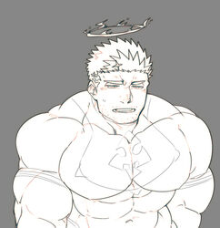  1boy bad_id bad_pixiv_id bara bodysuit covered_abs covered_navel facial_hair fire flaming_halo grey_background halo large_pectorals male_focus mature_male muscular muscular_male open_mouth pectorals po_fu short_hair sideburns skin_tight solo stubble sweatdrop thick_eyebrows tokyo_afterschool_summoners upper_body zabaniyya_(housamo) 