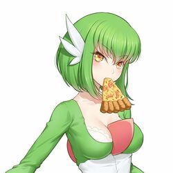  alternate_hair_length alternate_hairstyle anarchojs between_breasts bob_cut breasts c.c. code_geass commentary_request cosplay female food food_in_mouth gardevoir gardevoir_(cosplay) green_hair hair_ornament long_sleeves looking_at_viewer medium_breasts mouth_hold pizza pokemon pokemon_(game) short_hair simple_background solo upper_body white_background yellow_eyes 