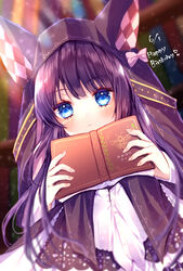  animal_ears animal_hood argyle blue_eyes blurry blurry_background blush book closed_mouth commentary_request depth_of_field fake_animal_ears female fingernails francesca_(pride_of_eden) hands_up happy_birthday highres holding holding_book hood hood_up long_hair long_sleeves looking_at_viewer open_book pink_nails purple_hair red:_pride_of_eden shirt solo upper_body white_shirt xx_momomo_xx 