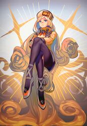  :&lt; absurdly_long_hair absurdres black_pantyhose blonde_hair blue_eyes cross-laced_footwear crossed_legs female fingerless_gloves fur_hat gloves guilty_gear guilty_gear_xrd hat high_heels highres laio long_hair millia_rage orange_hat pantyhose prehensile_hair sitting_on_hair solo ushanka very_long_hair 