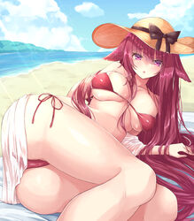  animal_ears ass azur_lane bare_shoulders beach bikini blush breasts chitose_(azur_lane) chitose_(summer_shine)_(azur_lane) cleavage female hat highres hut large_breasts long_hair looking_at_viewer lying miimu_(nelreg3) official_alternate_costume on_side open_mouth outdoors purple_eyes red_bikini red_eyes red_hair see-through side-tie_bikini_bottom sky solo string_bikini sun_hat swimsuit thighs very_long_hair water 