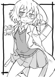  ahoge arms_behind_back blush closed_mouth commentary_request copyright_name female framed glasses greyscale hammer holding kagaku_chop lab_coat messy_hair monochrome pleated_skirt school_uniform short_hair simple_background skirt smile solo standing suzuzono_sai sweater_vest translation_request white_background zubatto_(makoto) 