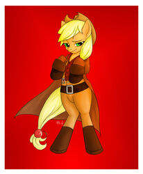  2012 anthro applejack_(mlp) belt blonde_mane clothing coat earth_pony equid equine female firefly_(franchise) friendship_is_magic green_eyes hasbro hat headgear headwear hi_res horse malcolm_reynolds mammal mane ms-seven0 my_little_pony pony sergeantbuck simple_background solo topwear trenchcoat 