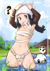  ? absurdres akari_(pokemon) alt_text arms_up beamed_eighth_notes black_eyes black_hair blush breasts breno_ksp_(llamaboy) day eighth_note female fundoshi grass highres japanese_clothes long_hair musical_note navel oshawott outdoors parted_lips plant pokemon pokemon_(creature) pokemon_legends:_arceus sarashi small_breasts smile spoken_musical_note spoken_question_mark twitter_username wet 