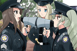  3girls alternate_headwear anchovy_(girls_und_panzer) arms_behind_back artist_name belt black_belt black_headwear black_necktie black_pants black_shirt blonde_hair blue_eyes brown_eyes brown_hair clara_(girls_und_panzer) closed_mouth commentary crossover dated dress_shirt drill_hair emblem frown girls_und_panzer green_hair hat holding holding_megaphone insignia long_hair looking_at_another matsui_yasutsugu megaphone mika_(girls_und_panzer) military military_uniform multiple_girls necktie open_mouth pants parade_rest parody peaked_cap police police_academy_(series) police_hat police_uniform policewoman red_eyes shirt signature smile standing_at_attention swagger_stick twin_drills twintails uniform wing_collar 