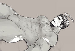  1boy abs bad_id bad_pixiv_id bara blush bodysuit bulge covered_abs covered_navel facial_hair feet_out_of_frame fire flaming_halo greyscale halo hip_vent large_pectorals male_focus mature_male monochrome muscular muscular_male pectorals po_fu short_hair sideburns skin_tight solo stubble sweatdrop thick_thighs thighs tokyo_afterschool_summoners unfinished zabaniyya_(housamo) 