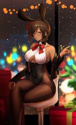  animal_ears bare_shoulders black_sleeves blurry blurry_background bow bowtie breasts brown_eyes brown_hair christmas christmas_ornaments cleavage closed_mouth dark-skinned_female dark_skin dolsig_ilangnolja earrings fake_animal_ears female highres indoors jewelry leggings leotard limbus_company looking_at_viewer mature_eyes mature_female outis_(project_moon) playboy_bunny project_moon protected_link rabbit_ears red_bow red_bowtie sitting sleeveless solo underboob yellow_eyes 