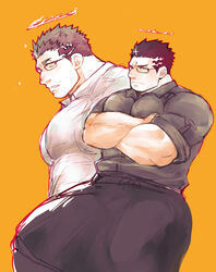  1boy alternate_costume apron bad_id bad_pixiv_id bara bespectacled black-framed_eyewear blush casual collared_shirt crossed_arms facial_hair fire flaming_halo glasses halo large_pectorals male_focus mature_male multiple_views muscular muscular_male pectoral_lift pectorals po_fu shirt short_hair sideburns sparkle stubble textless_version thick_thighs thighs tokyo_afterschool_summoners unfinished waist_apron zabaniyya_(housamo) 