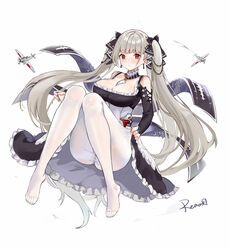  aircraft airplane artist_name ass azur_lane bare_shoulders between_breasts black_dress bow breasts chinese_commentary cleavage commentary detached_collar dress feet female flight_deck formidable_(azur_lane) frilled_dress frills grey_hair hairbow highres knees_up large_breasts long_hair long_sleeves looking_at_viewer no_shoes pantyhose red_eyes rero_(bigdoorbig2) simple_background solo twintails very_long_hair white_background white_pantyhose 