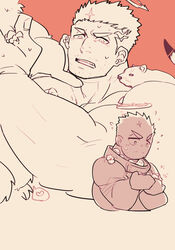  1boy animal_on_shoulder bad_id bad_pixiv_id bara bird blush bodysuit chibi chibi_inset chick cropped_torso facial_hair fire flaming_halo food halo heart highres male_focus mature_male muscular muscular_male orange_background orange_theme po_fu pocky short_hair sideburns skin_tight stubble sweatdrop thick_eyebrows tokyo_afterschool_summoners zabaniyya_(housamo) 