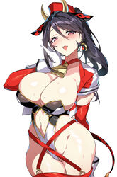  animal_ears bell black_hair breasts clothing_cutout commentary_request cow_ears cow_horns cropped_jacket earrings fake_animal_ears fake_horns female gloves hand_up hat highleg highleg_leotard highres horns jacket jewelry large_breasts leotard lips looking_at_viewer mahou_shoujo_madoka_magica mahou_shoujo_suzune_magica mikoto_tsubaki mole mole_on_breast navel navel_cutout neck_bell open_clothes open_jacket open_mouth ponytail purple_eyes senri_gan shiny_skin short_sleeves simple_background smile solo stomach sweat sweatdrop thighs white_gloves 