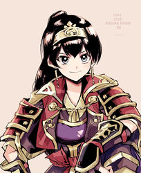  &gt;:) alternate_hairstyle aqua_eyes armor asa_(asa_410st) black_hair breastplate brown_background character_name closed_mouth commentary_request dated earrings elbow_gloves female fingerless_gloves gloves gold_trim hairband hand_on_own_knee high_ponytail jacket japanese_armor jewelry kagura_hikari knee_up kote light_blush long_hair looking_at_viewer official_alternate_costume open_clothes open_jacket ponytail red_jacket short_sleeves shoujo_kageki_revue_starlight shoujo_kageki_revue_starlight_-re_live- shoulder_armor simple_background smile solo twitter_username upper_body v-shaped_eyebrows yellow_hairband 