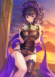  absurdres armlet bare_shoulders beach black_gloves black_one-piece_swimsuit blush book breasts closed_mouth commentary_request covered_navel emanon123 fate/grand_order fate_(series) female fingerless_gloves flower gloves gold_trim gradient_sky hair_flower hair_ornament hair_up half_gloves highleg highleg_swimsuit highres holding holding_book large_breasts long_hair looking_at_viewer murasaki_shikibu_(fate) murasaki_shikibu_(swimsuit_rider)_(fate) murasaki_shikibu_(swimsuit_rider)_(first_ascension)_(fate) one-piece_swimsuit orange_sky purple_eyes purple_hair purple_sky shawl single_thighhigh sky smile swimsuit thighhighs thighs tied_hair twilight 