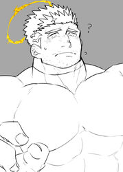  1boy ? bad_id bad_pixiv_id bara blush bodysuit covered_abs facial_hair fire flaming_halo halo large_pectorals looking_at_viewer male_focus mature_male muscular muscular_male pectorals po_fu short_hair sideburns skin_tight spot_color stubble tokyo_afterschool_summoners unfinished upper_body zabaniyya_(housamo) 