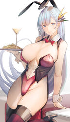  animal_ears azur_lane blue_eyes breasts cleavage commentary drink female hair_ornament highres large_breasts leotard long_hair looking_at_viewer mole mole_on_thigh official_alternate_costume parted_lips playboy_bunny rabbit_ears simple_background solo thighhighs ticonderoga_(azur_lane) ticonderoga_(show_stopper!)_(azur_lane) tray white_hair yusha_m 