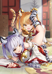  2022 2girls absurdres animal_ears animal_hands bad_id bad_pixiv_id bai_(granblue_fantasy) bare_shoulders blonde_hair blush brown_eyes detached_sleeves erune fur_trim gloves granblue_fantasy grey_hair highres huang_(granblue_fantasy) hyouta_(yoneya) indoors leg_grab leg_lift leg_up long_hair lying multiple_girls on_side open_mouth paw_gloves paw_shoes siblings spread_legs tail thighs tiger_ears tiger_girl tiger_paws tiger_tail twins twintails wide_sleeves yuri 