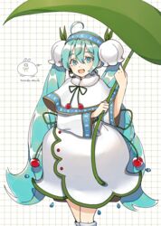  absurdres ahoge artist_name blue_eyes blue_hair blue_hairband capelet commentary dress english_commentary feet_out_of_frame female floral_dress flower food fruit fur_collar graph_paper hair_flower hair_ornament hairband hands_up hatsune_miku headset highres holding holding_flower holding_leaf koropokkuru leaf leaf_hair_ornament leaf_umbrella lily_of_the_valley long_hair long_sleeves looking_at_viewer neck_ribbon open_mouth ribbon rowan smile solo twintails very_long_hair vocaloid wandu_mook white_background white_capelet white_dress white_flower yuki_miku yuki_miku_(2015) 