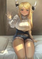  blonde_hair blush breasts denim denim_shorts draph female granblue_fantasy highres horn_cover horn_ornament horn_warmers horns kumbhira_(granblue_fantasy) large_breasts long_hair on_bed pepeo pillow pointy_ears ribbed_sweater short_shorts shorts sitting smile solo sweater thighs turtleneck turtleneck_sweater vest waving white_sweater yellow_eyes 