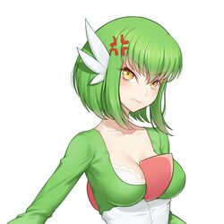  alternate_hair_length alternate_hairstyle anarchojs anger_vein between_breasts bob_cut breasts c.c. code_geass commentary_request cosplay female gardevoir gardevoir_(cosplay) green_hair hair_ornament long_sleeves looking_at_viewer medium_breasts pokemon pokemon_(game) short_hair simple_background solo upper_body white_background yellow_eyes 