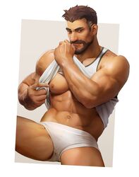  1boy abs bara bare_pectorals beard boxer_briefs brown_hair clothes_lift dark-skinned_male dark_skin facial_hair highres large_pectorals male_focus male_underwear muscular muscular_male navel nez nipples overwatch overwatch_1 pectorals reaper_(overwatch) scar scar_on_cheek scar_on_face shirt_lift short_hair solo tank_top underwear white_male_underwear white_tank_top 