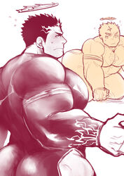  1boy ass bad_id bad_pixiv_id bara blush bodysuit collage facial_hair fire flaming_halo frown halo hip_vent kneeling large_pectorals looking_at_viewer male_focus mature_male muscular muscular_male pectorals po_fu short_hair sideburns skin_tight stubble sweatdrop thick_thighs thighs tokyo_afterschool_summoners zabaniyya_(housamo) 