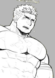  1boy bad_id bad_pixiv_id bara bodysuit covered_abs facial_hair fire flaming_halo from_below greyscale halo large_pectorals looking_at_viewer male_focus mature_male monochrome muscular muscular_male pectorals po_fu short_hair sideburns skin_tight solo stubble tokyo_afterschool_summoners upper_body zabaniyya_(housamo) 