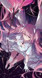  absurdres bow_(weapon) breasts closed_mouth commentary_request dress female from_above gloves hair_ribbon highres holding holding_bow_(weapon) holding_weapon kaname_madoka loong_(loong_blo) mahou_shoujo_madoka_magica mahou_shoujo_madoka_magica_(anime) medium_breasts pink_hair pink_thighhighs ribbon shoes sky solo star_(sky) starry_sky thighhighs two_side_up ultimate_madoka weapon white_dress white_footwear white_gloves white_ribbon yellow_eyes zettai_ryouiki 