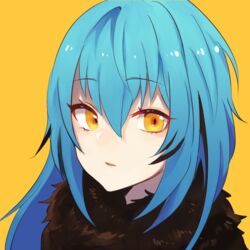  1other androgynous blue_hair commentary_request fur_collar fur_scarf hair_between_eyes long_hair looking_at_viewer open_mouth portrait rimuru_tempest sakusan_yousoeki scarf simple_background solo tensei_shitara_slime_datta_ken yellow_background yellow_eyes 