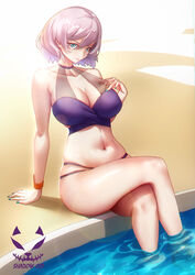  arm_support bikini blue_eyes blue_nails breasts chinese_commentary cleavage crossed_legs female gridman_universe hair_between_eyes highres large_breasts mujina nail_polish navel partially_submerged pink_hair pool purple_bikini shadow_cat_(yingmiao) short_hair sitting solo ssss.dynazenon swimsuit water wristband 