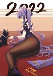  2022 ? absurdres animal_ear_fluff animal_ears ass back bad_id bad_pixiv_id bare_shoulders beads black_bow black_cat black_dress blue_dress blush bow breasts brown_pantyhose cleavage commentary_request detached_collar double_bun dress fake_animal_ears feline female genshin_impact grin hair_bun hair_ornament happy happy_new_year high_heels highres keqing_(genshin_impact) keqing_(opulent_splendor)_(genshin_impact) looking_at_animal looking_at_viewer lying multicolored_clothes multicolored_dress new_year official_alternate_costume on_side oro_(lsg0624) pantyhose purple_bow purple_footwear purple_ribbon ribbon smile solo strapless strapless_dress teeth twintails two_side_up wrist_cuffs yellow_eyes 