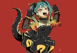  arms_up black_gloves breasts brooch claw_pose cleavage collar commentary_request cowboy_shot dress facial_mark fangs female gloves gradient_hair hassan_(sink916) hatsune_miku horns jewelry lizard_tail long_hair long_tongue looking_at_viewer multicolored_hair navel official_art open_mouth orange_eyes pantyhose partial_commentary pendant project_sekai red_background salamander_(vocaloid) signature simple_background small_breasts solo standing strapless strapless_dress tail teeth tongue tongue_out tsurime twintails v-shaped_eyebrows vocaloid 