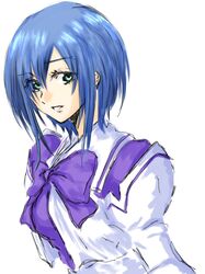  blue_eyes blue_hair bow female hair_behind_ear hakuryou_high_school_uniform highres juliet_sleeves kashiwagi_haruko long_sleeves looking_to_the_side maizu muv-luv parted_lips puffy_sleeves purple_bow school_uniform serafuku short_hair smile solo upper_body white_background 