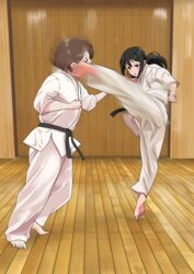  2girls barefoot belt black_belt black_hair brown_eyes brown_hair character_request dojo dougi fighting fighting_stance flying_sweatdrops high_kick highres idolmaster idolmaster_cinderella_girls indoors karate karate_gi kashiwagi_tatsuya kicking martial_arts martial_arts_belt motion_blur multiple_girls nakano_yuka ponytail uniform wooden_floor wooden_wall 