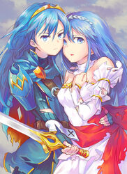  2girls ancestor_and_descendant arm_around_waist armor blue_eyes blue_hair caeda_(bridal)_(fire_emblem) caeda_(fire_emblem) cape detached_collar dress falchion_(fire_emblem) fingerless_gloves fire_emblem fire_emblem:_shadow_dragon fire_emblem_awakening fire_emblem_heroes gloves hair_between_eyes holding holding_person holding_sword holding_weapon long_hair looking_at_viewer lucina_(fire_emblem) multiple_girls shoulder_armor sleeveless sleeveless_dress sword tiara torn_clothes unigon_(kitsutsuki) weapon wedding_dress white_dress 