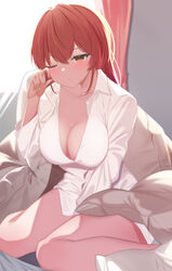  absurdres bed_sheet blush breasts cleavage closed_mouth collarbone collared_shirt curtains female hair_down hand_up highres hololive houshou_marine large_breasts long_hair long_sleeves nannann no_pants one_eye_closed pillow red_eyes red_hair rubbing_eyes shirt sitting sleepy solo thighs virtual_youtuber waking_up wariza white_shirt 