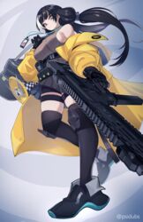  bike_shorts bike_shorts_under_skirt black_gloves black_hair black_shorts black_thighhighs breasts carrying_bag colt_9mm_smg female from_below girls&#039;_frontline gloves gun heterochromia highres holding holding_gun holding_weapon id_card jacket knee_pads large_breasts long_sleeves low_twintails megaphone multicolored_hair noveske_space_invader off_shoulder open_clothes open_jacket psidubs red_eyes ro635_(girls&#039;_frontline) ro635_(mod3)_(girls&#039;_frontline) shorts signature sleeveless sleeveless_sweater solo standing streaked_hair submachine_gun sweater thigh_strap thighhighs twintails twitter_username weapon white_hair yellow_eyes yellow_jacket 