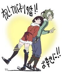  1boy back-to-back bandaged_leg bandages black_hair blush commentary ebara_yasuyuki female fur_trim green_hair hatanaka_tasuku highres ikoma_(kabaneri) koutetsujou_no_kabaneri multicolored_hair mumei_(kabaneri) senbongi_sayaka simple_background translated two-tone_hair v voice_actor_connection white_hair 