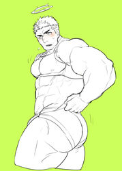  1boy abs areolae bad_id bad_pixiv_id bara bare_pectorals blush clothes_pull cropped_legs facial_hair fire flaming_halo from_side green_theme halo large_pectorals male_focus male_swimwear mature_male monochrome motion_lines muscular muscular_male one-piece_swimsuit_pull pectoral_lift pectorals po_fu short_hair sideburns solo spot_color stubble sweatdrop swim_briefs thick_thighs thighs tokyo_afterschool_summoners underbust zabaniyya_(fashionista_swimsuit)_(housamo) zabaniyya_(housamo) 