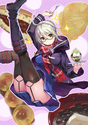  ahoge artoria_pendragon_(fate) ass black_thighhighs blue_skirt boots braid breasts cup dango dessert dorayaki fallen_down falling fate/grand_order fate_(series) female food garter_straps glasses grey_hair hair_between_eyes hmk84 holding holding_plate holding_spoon hood hooded_jacket ice_cream jacket looking_at_viewer mysterious_heroine_x_alter_(fate) mysterious_heroine_x_alter_(first_ascension)_(fate) plate scarf short_hair skirt solo spoon taiyaki thighhighs wagashi yellow_eyes 