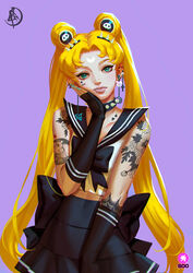  adapted_costume aqua_nails arm_tattoo bishoujo_senshi_sailor_moon black_gloves blonde_hair blue_eyes collar commentary_request crescent crescent_facial_mark double_bun ear_piercing earrings eyeliner facial_mark female fingerless_gloves forehead_mark gloves hair_bun hair_ornament hand_on_own_face heart heart_earrings high-waist_skirt highres jewelry lip_piercing lipstick looking_at_viewer makeup nail_polish nose_stud piercing purple_background sailor_collar sailor_moon shoulder_tattoo skirt skull_hair_ornament solo spiked_collar spikes suyoun_kang tattoo tsukino_usagi twintails 