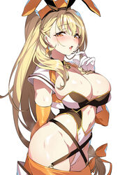  animal_ears bell blonde_hair bow breasts brown_eyes clothing_cutout collar commentary_request cropped_jacket earrings fake_animal_ears female gloves hairbow hand_up hat highleg highleg_leotard highres jacket jewelry jingle_bell kanade_haruka large_breasts leotard lips long_hair looking_at_viewer low-tied_long_hair mahou_shoujo_madoka_magica mahou_shoujo_suzune_magica mole mole_on_thigh navel navel_cutout open_clothes open_jacket open_mouth rabbit_ears senri_gan shiny_skin short_sleeves simple_background solo stomach sweat sweatdrop thighs tied_hair white_background white_gloves 