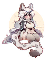  :&lt; animal_ear_fluff animal_ears arknights artist_name between_legs black_cape blush braid breasts cape dress female grey_eyes grey_thighhighs hair_between_eyes hand_between_legs highres invisible_chair jewelry large_breasts leopard_ears leopard_girl leopard_tail long_hair looking_at_viewer necklace pramanix_(arknights) sharktuna side_braids simple_background sitting solo tail thighhighs thighs tiara turtleneck very_long_hair watch wavy_hair white_background white_dress white_hair wristwatch 