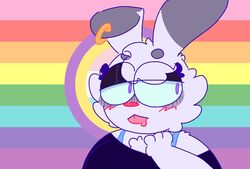  1978_rainbow_pride_colors 2021 anthro blep blush bra_strap chest_tuft clothed clothing ear_piercing eyelashes eyelids female fur grey_body grey_fur intersex_pride_colors lagomorph leporid lgbt_pride lgbt_pride_month looking_aside mammal milkybunnii mitsuko_haschen piercing pride_color_background pride_colors purple_eyes rabbit rainbow_background rainbow_pride_colors rainbow_symbol simple_background solo tongue tongue_out trans_(lore) trans_woman_(lore) tuft white_body white_fur 