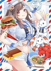  :q animal breasts brown_hair burger cake castella_(food) commentary_request cowboy_shot crop_top female flag food gloves hand_on_own_hip hand_up hat highres idolmaster idolmaster_shiny_colors lifebuoy long_hair looking_at_viewer medium_breasts midriff navel noodles octopus pekoni_(peconi) ponytail pudding rabbit ramen red_eyes sailor_hat salute sash shirt short_shorts short_sleeves shorts smile solo stomach swim_ring tongue tongue_out tsukioka_kogane white_gloves white_hat white_shirt white_shorts 