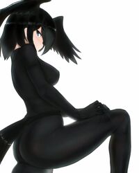  adjusting_clothes ass bird_girl bird_tail black_hair blue_eyes blush bodystocking breasts commentary_request covered_nipples female from_side half-closed_eye head_wings highres jungle_crow_(kemono_friends) kemono_friends knee_up long_sleeves looking_at_viewer medium_breasts medium_hair panties see-through shibori_kasu sidelocks simple_background sleeveless solo tail tail_through_clothes underwear white_background wings 