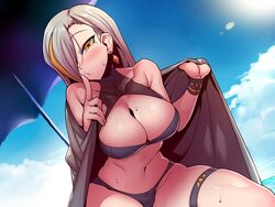  blonde_hair breasts cleavage cloud female grey_hair hair_over_one_eye highres indie_virtual_youtuber large_breasts long_hair looking_at_viewer mole mole_under_eye multicolored_hair ocean solo streaked_hair sun swimsuit tukiwani umbrella utai_meika virtual_youtuber 